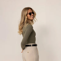 Woman wearing Marame Long Sleeve Fitted T-Shirt in Autumn Khaki, front view.|autumn khaki