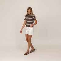 Woman wearing a Marame Regular Fit Striped T-Shirt in Ash Sand/White Snow, front view. |Ash Sand/White Snow