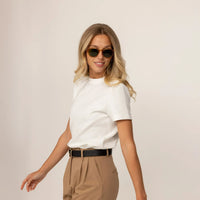 Woman wearing a Marame Regular Fit T-Shirt in White, front view. |white