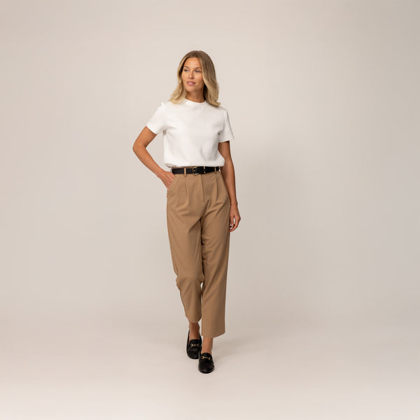 Woman wearing a Marame Regular Fit T-Shirt in White, front view.