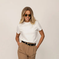 Woman wearing a Marame Regular Fit T-Shirt in White, front view. |white