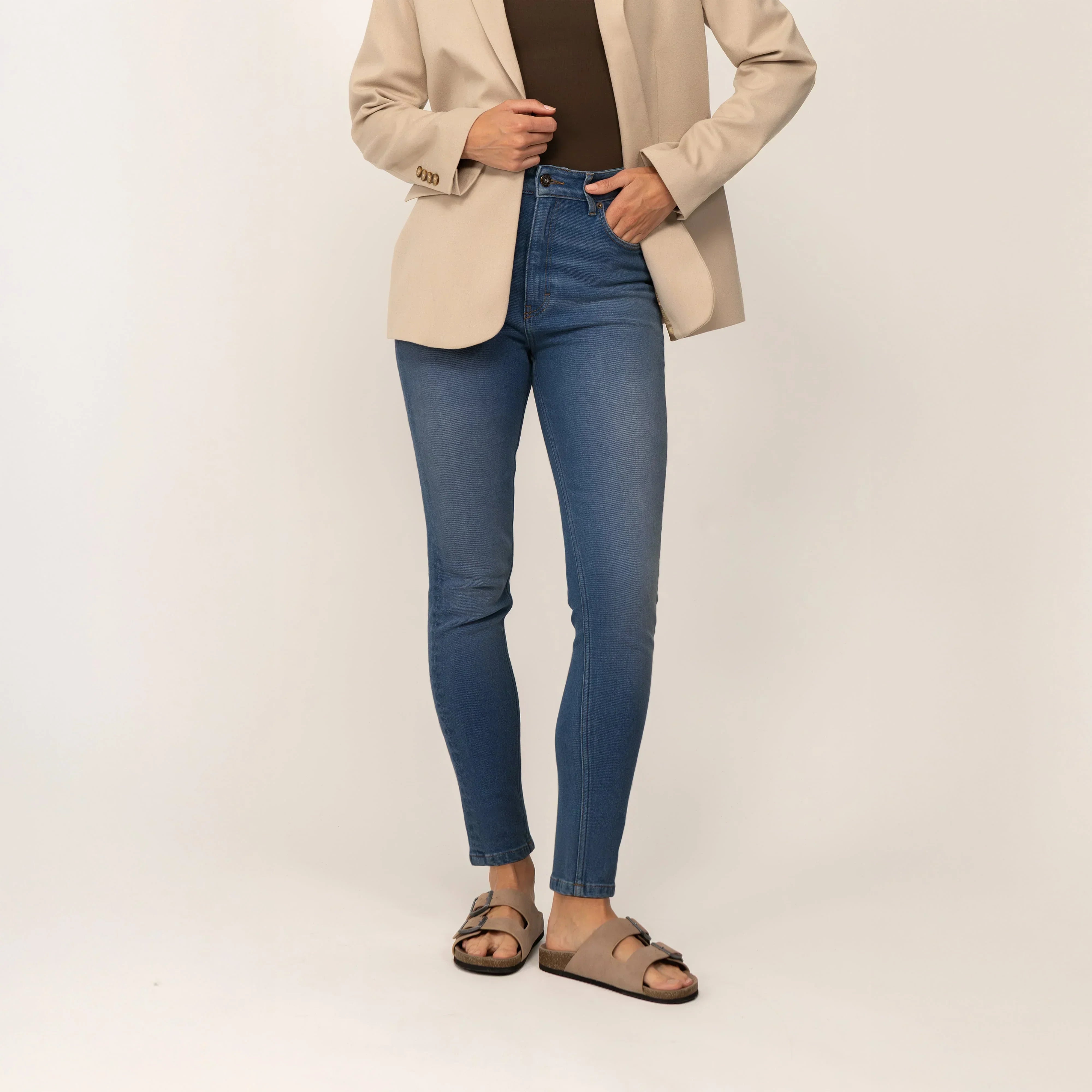 Woman wearing Marame Slim Leg Jeans in Deep Navy Wash Denim, front view. |deep navy wash denim