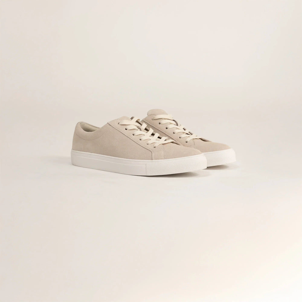 Woman wearing Marame Smart Suede Trainers in Grey, front view.