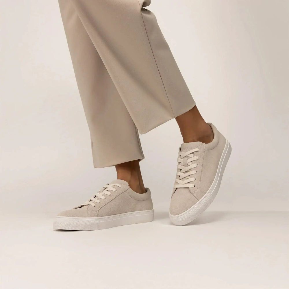 Woman wearing Marame Smart Suede Trainers in Grey, front view.|grey