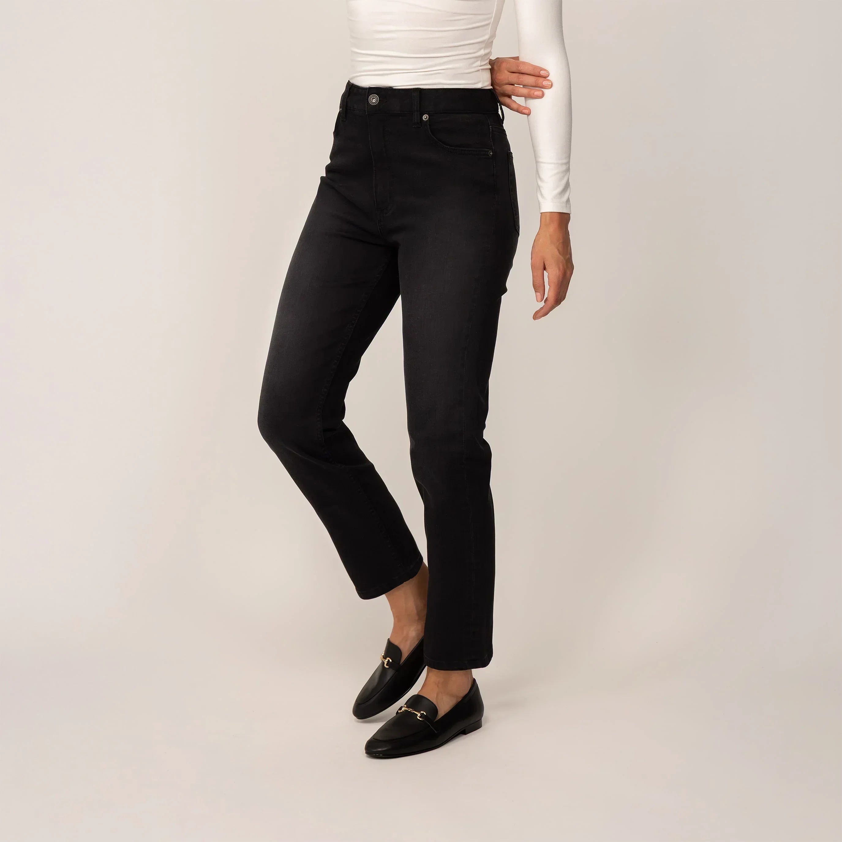 Woman wearing Marame Straight Leg Jeans in Black Wash Denim, front view. |black wash denim