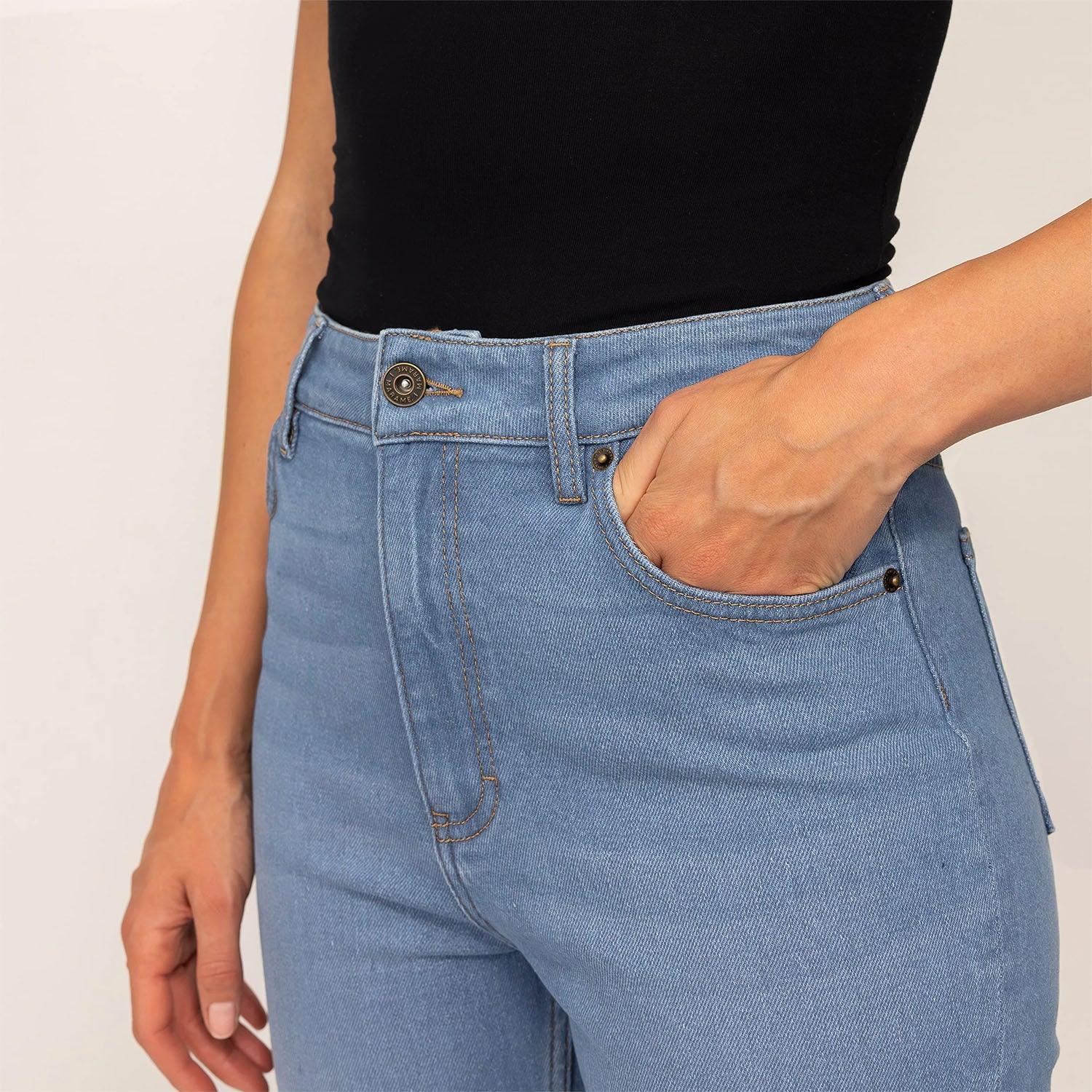 Woman wearing Straight Leg Jeans in Light Wash Denim, detail. |light wash denim