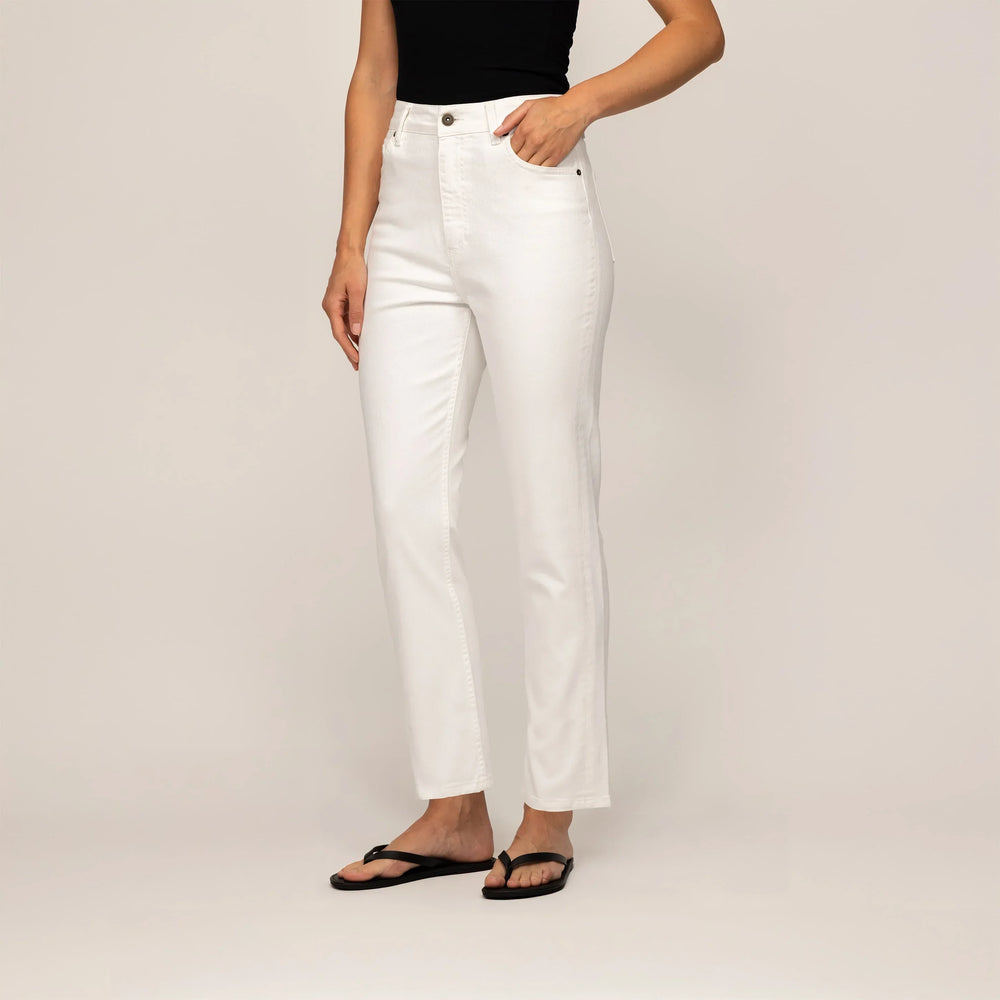 Woman wearing Marame Straight Leg Jeans in White Cotton Denim, front view.