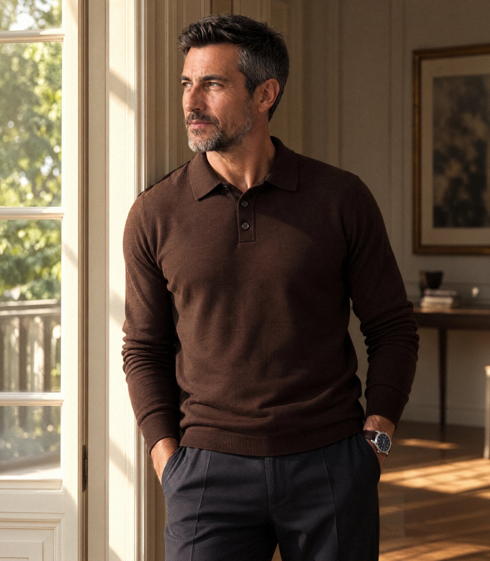 Brown long-sleeve MARAME knit polo beside a window